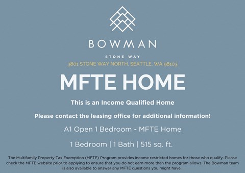 An advertisement for a MFTE home rental by Bowman.